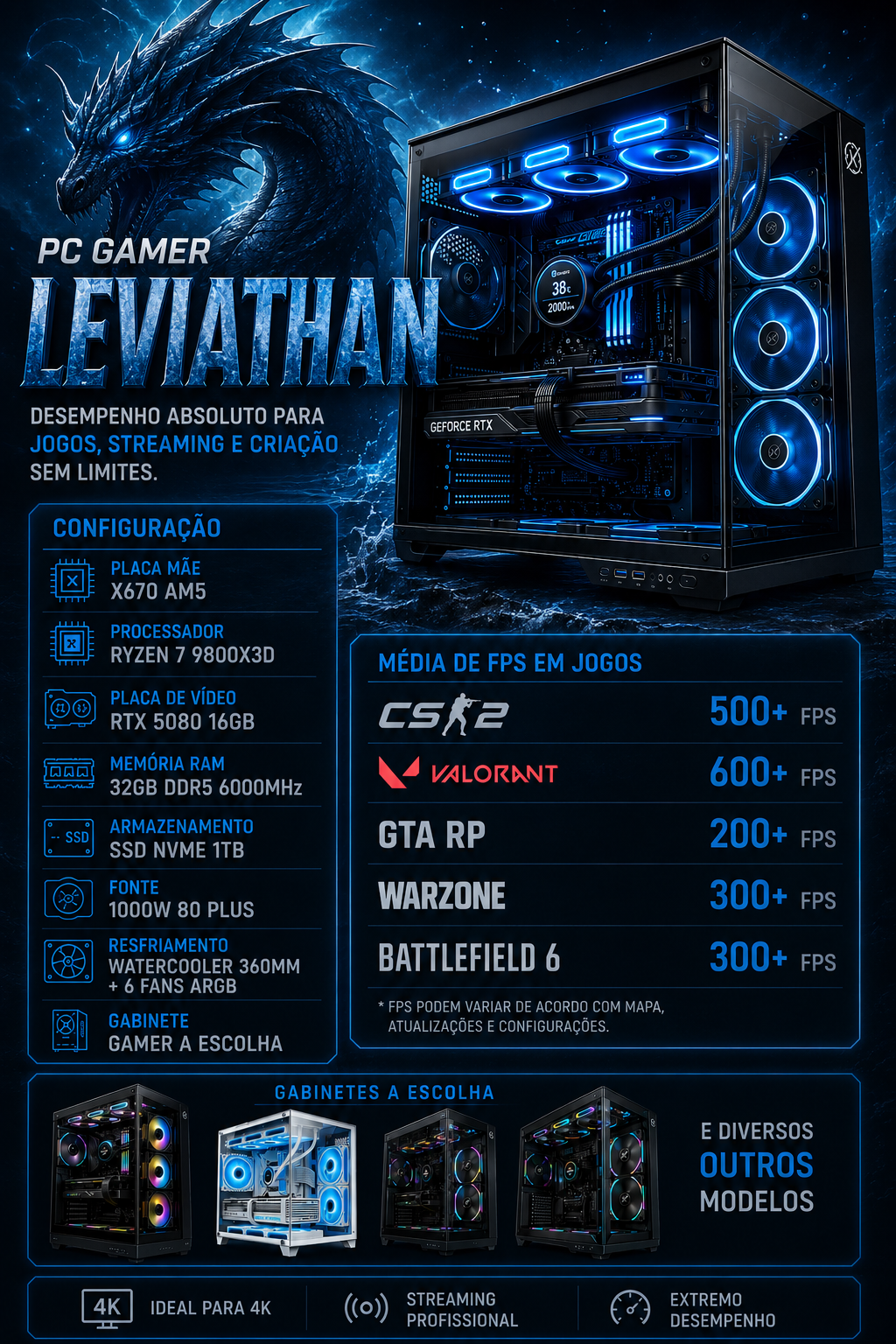 PC Gamer Leviathan com Ryzen 7 9800X3D e RTX 5080 16GB em Sorocaba - Evolution