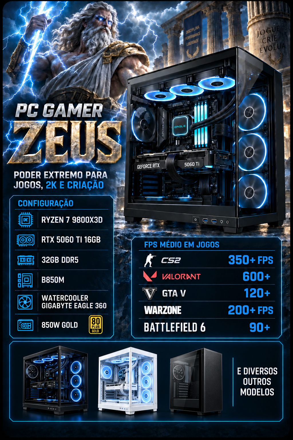 PC Gamer Zeus com Ryzen 7 9800X3D e RTX 5060 Ti 16GB em Sorocaba - Evolution